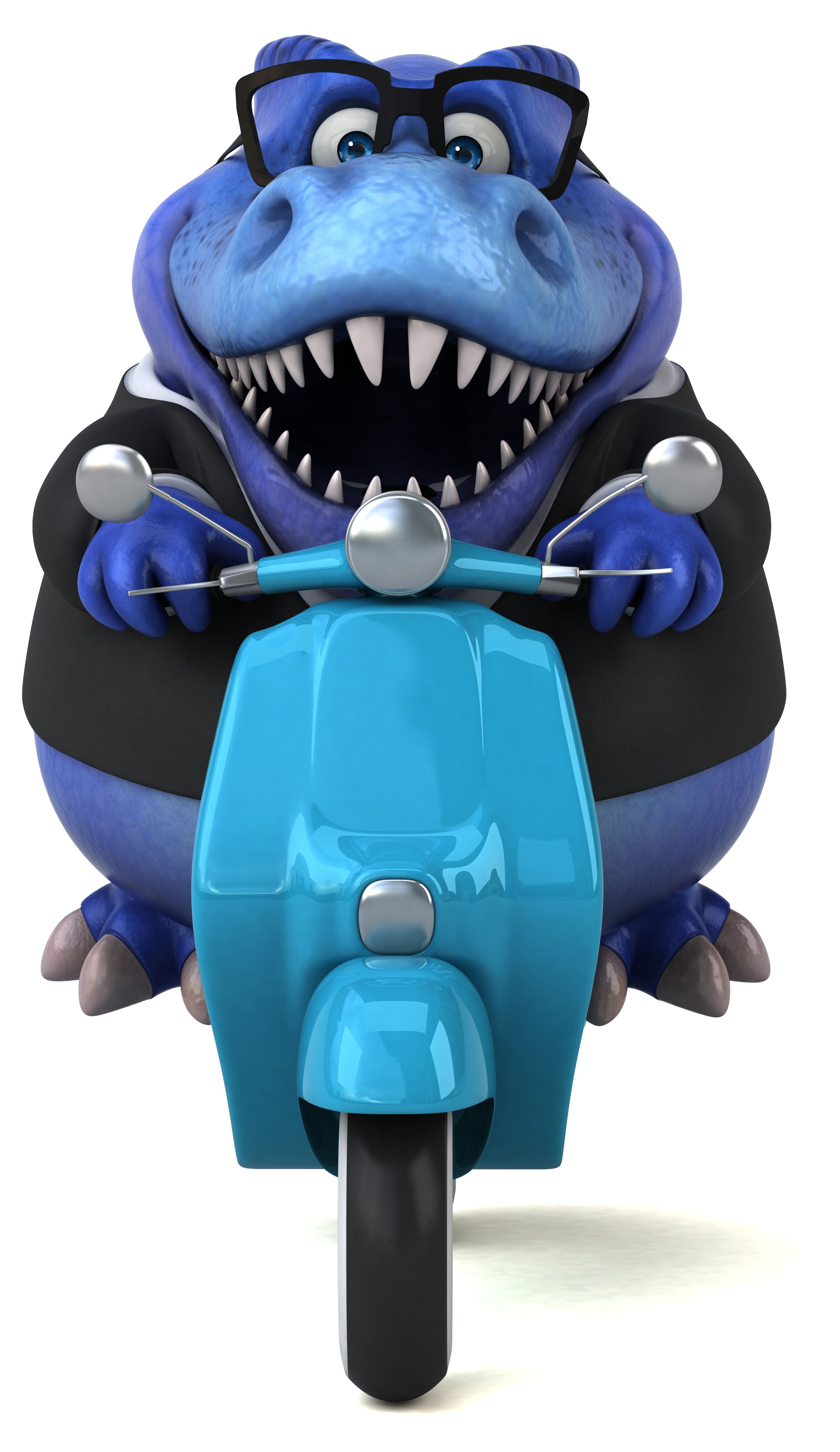 3D illustratuion of a T-Rex riding a scooter in suit